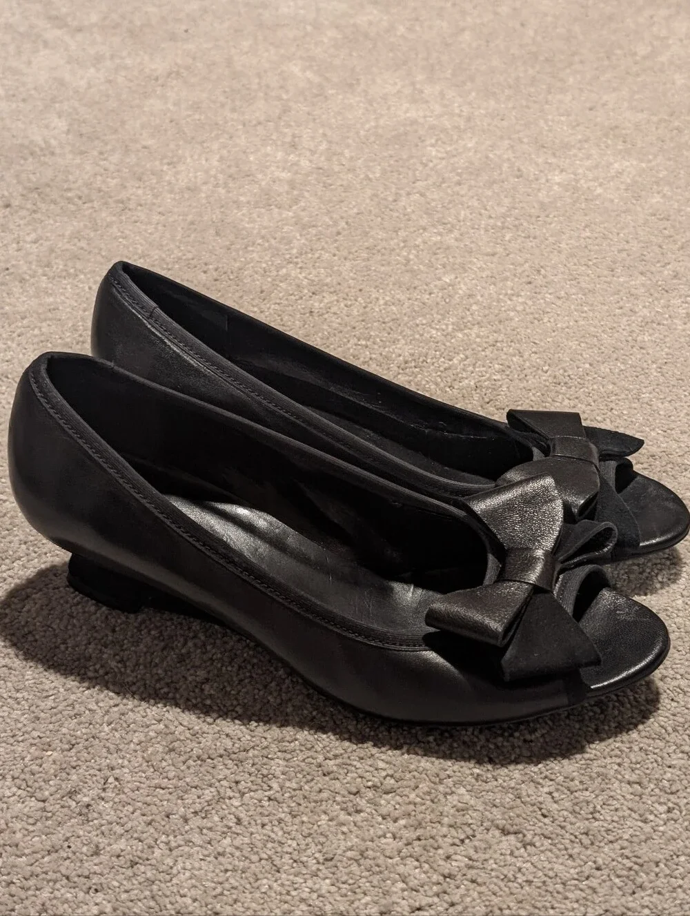 Vaneli Black Open-Toe Leather Mini Wedge Flats with Bow Accent Heel